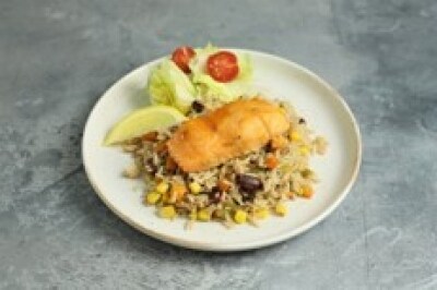 Sticky Mango Salmon with Jerk Style Rice & Peas