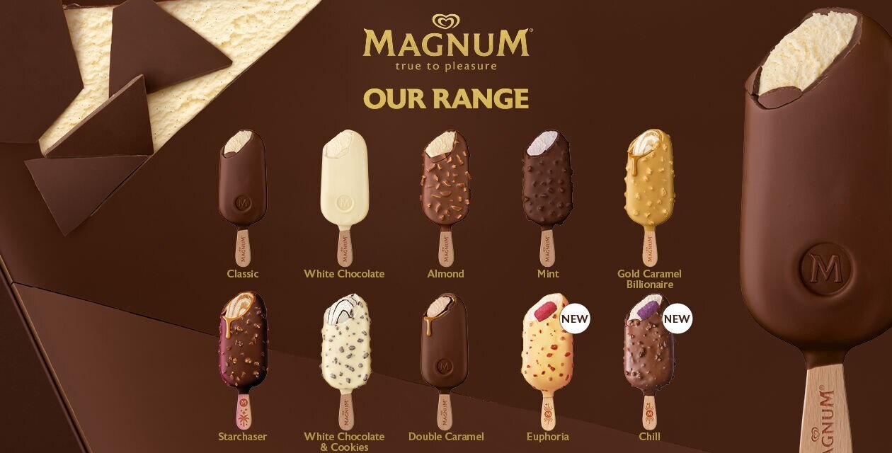Magnum Ice Cream Range: Classic, White Chocolate, Almod, Mint, Gold Caramel Billionaire, Starchaser, White Chocolate & Cookies, Double Caramel, Euphoria (NEW), Chill (NEW)