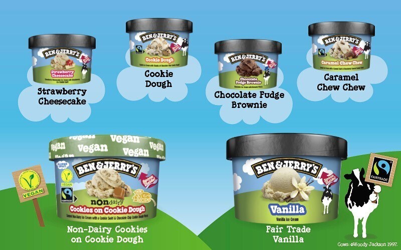 Ben & Jerry’s Ice Cream: Strawberry, Cookie Dough, Chocolate Fudge Brownie, Caramel Chew Chew, Non-Dairy Cookies on Cookie Dough, Fair Trade Vanilla