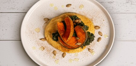 Low-waste dish made from parmesan polenta and roasted squash.