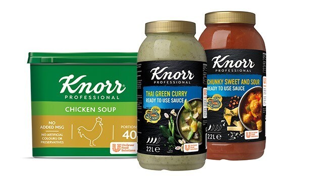 Ready to Use Knorr Professional Chicken Soup, Thai Green Curry Sauce and Chunky Sweet and Sour Sauce, ideal for hotel room service.