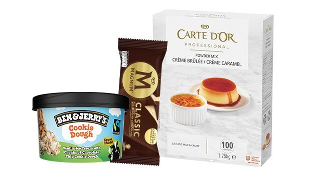 Ben & Jerry’s Cookie Dough portion tub, Magnum Classic ice cream and Carte D’Or crème caramel powder dessert mix, ideal for hotel room service.
