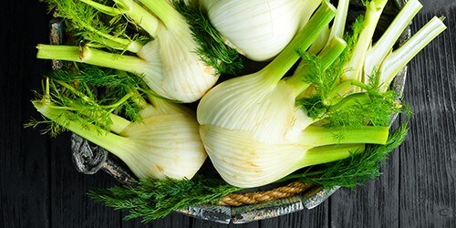 Fresh organic fennel bulbs in a wooden box. Healthy food. Top view. Free space for your text.