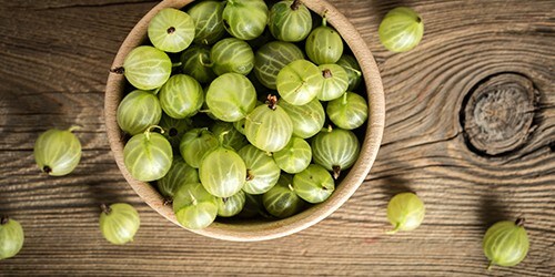 Fresh gooseberry in a wooden bowl. Small depth of field.