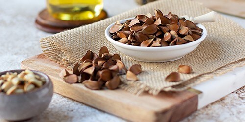 Beechnuts and oil. Healthy organic food concept, vegetarianism