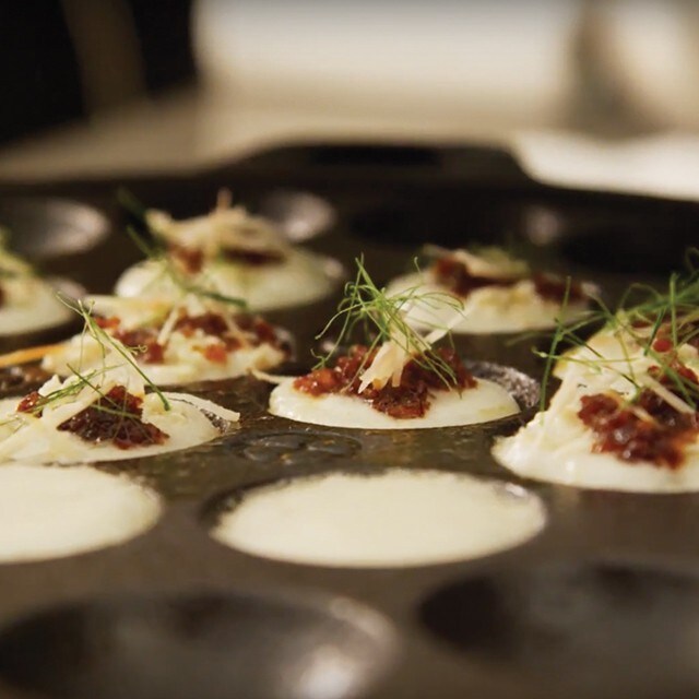 Coconut Hotcakes with Chicken, Chili Jam, Shredded Ginger and Kaffir Lime
