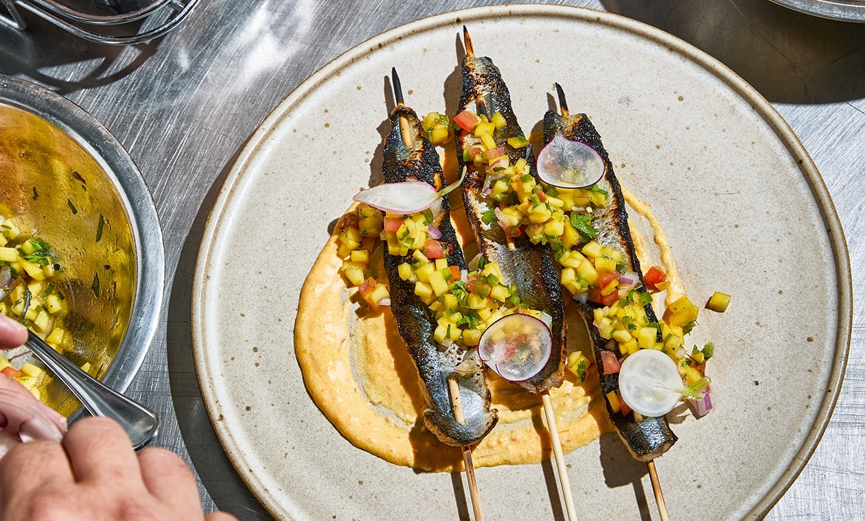 Flame Broiled Skewered Herring w/ Mango Pico & Rouille