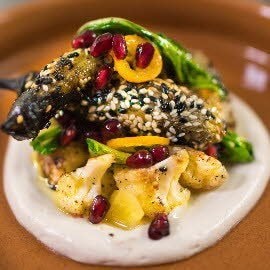 Sesame crusted aubergine, cauliflower puree, sautéed pak choi and kumquat Sesame crusted aubergine, cauliflower puree, sautéed pak choi and kumquat