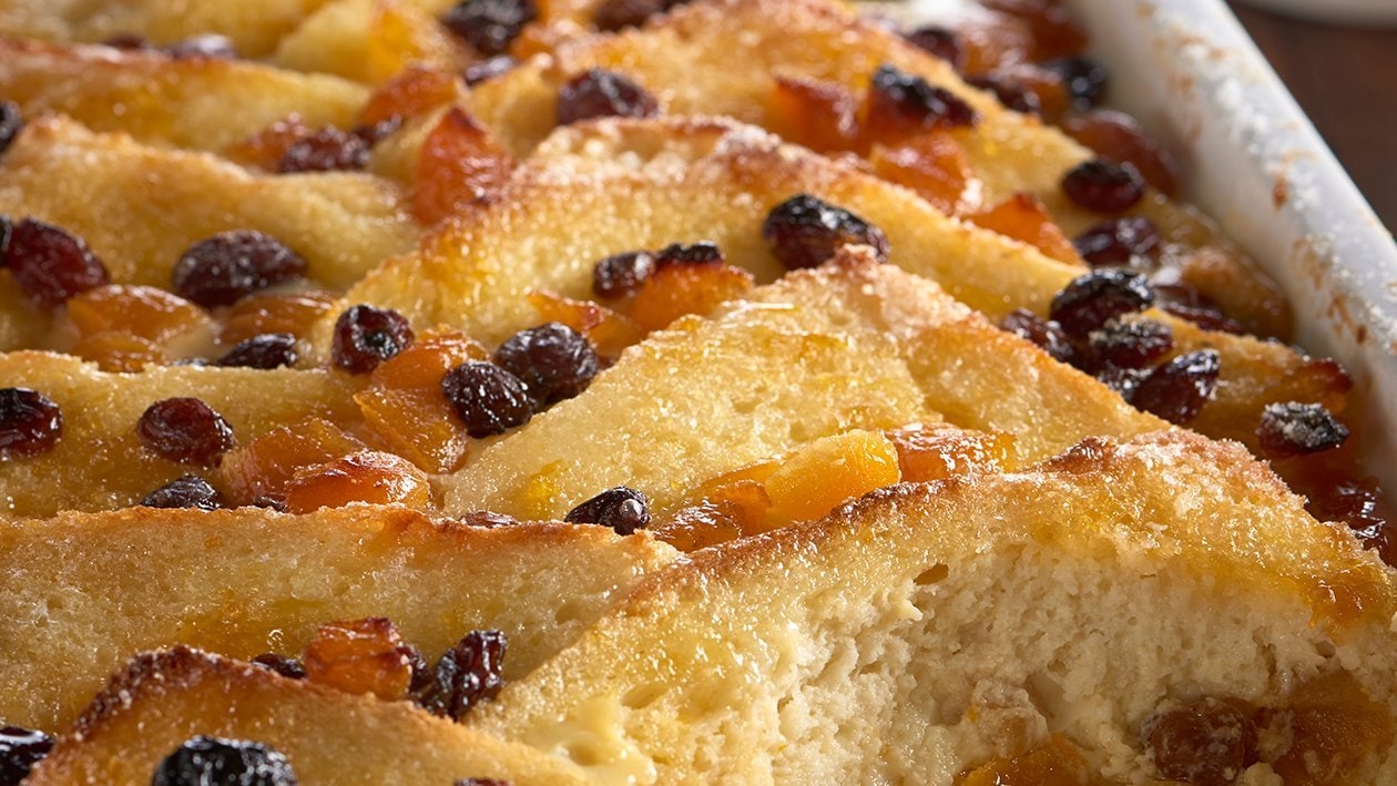 Apricot bread & butter pudding with cinnamon custard