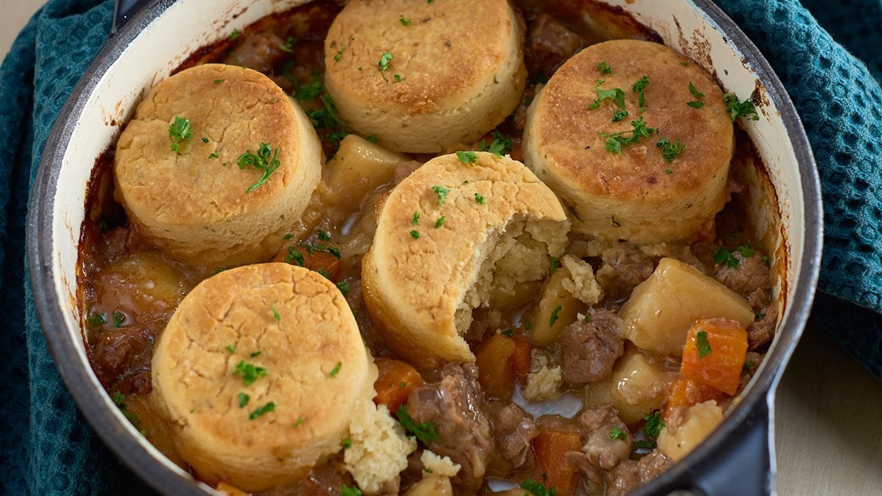 Beef and vegetable casserole with cobbler top