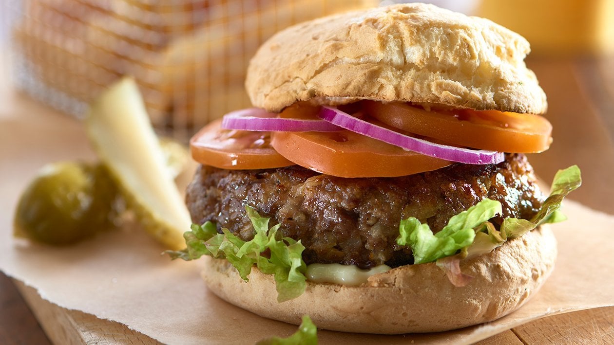 Beef burger in a gluten free bread roll