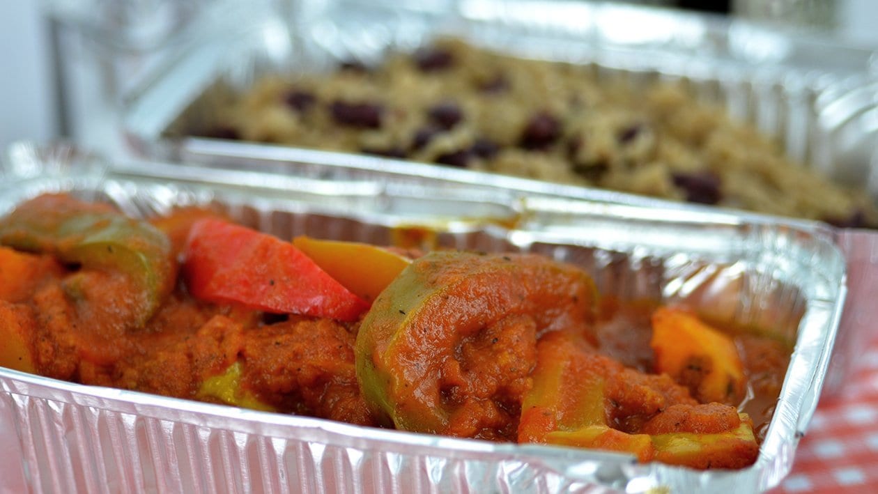 Butternut squash and sweet potato curry with rice and peas