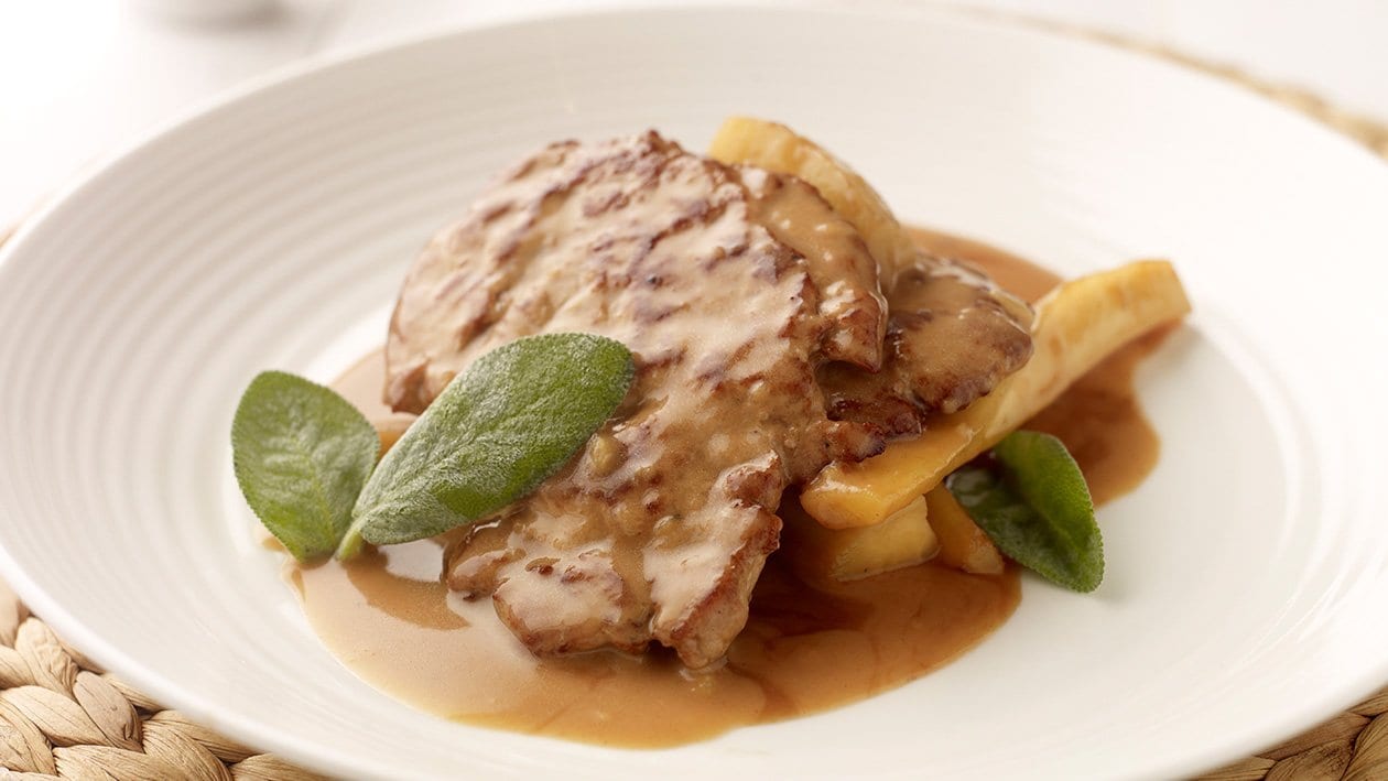 Escalope of Pork fillet with apple and calvados and roasted parsnips (Gluten free)