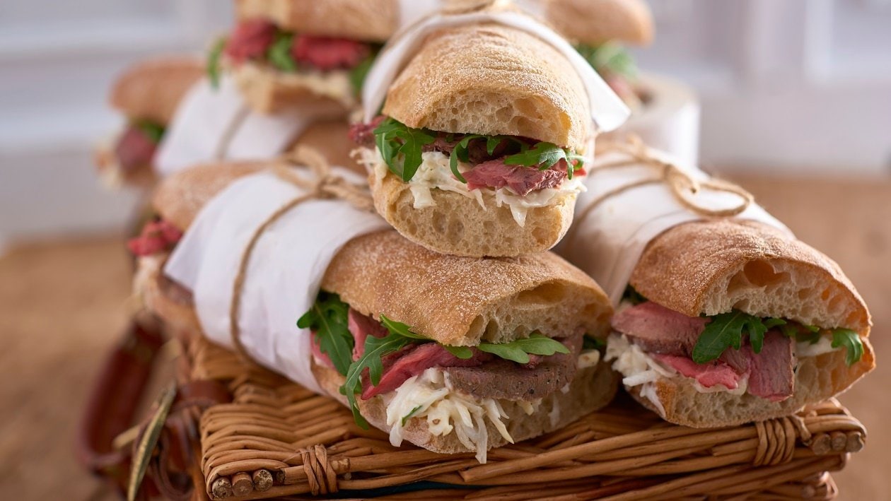 Roast beef ciabatta with celeriac remoulade and rocket