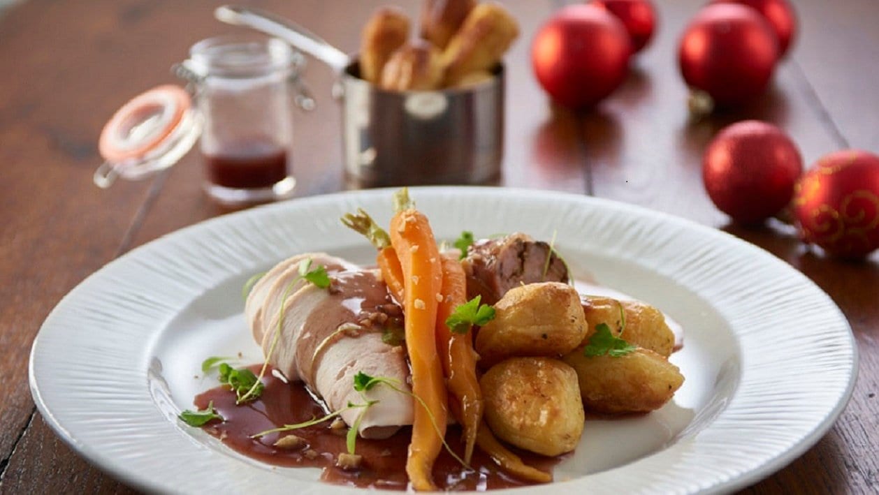 Roast turkey crown with port gravy and pork stuffing