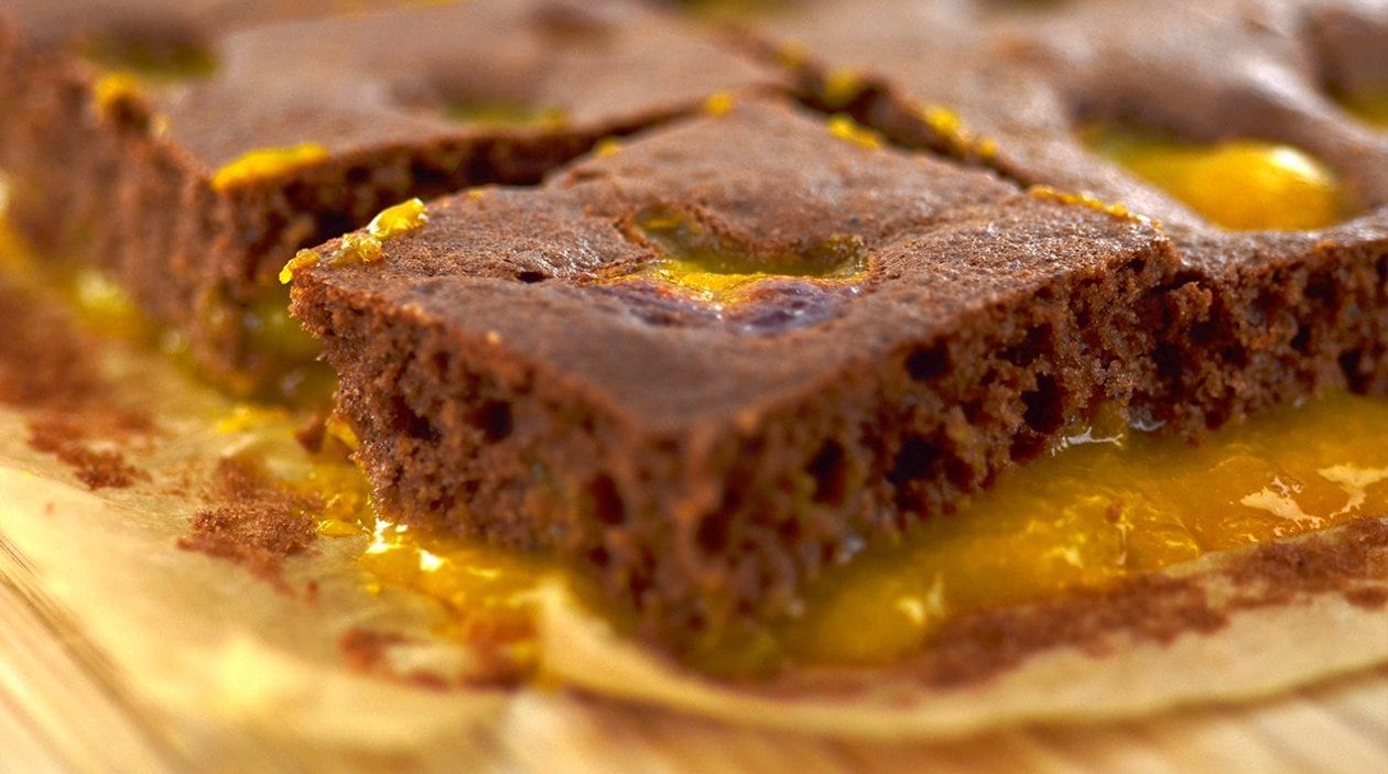 School baking - chocolate puddle pudding with mandarin puree