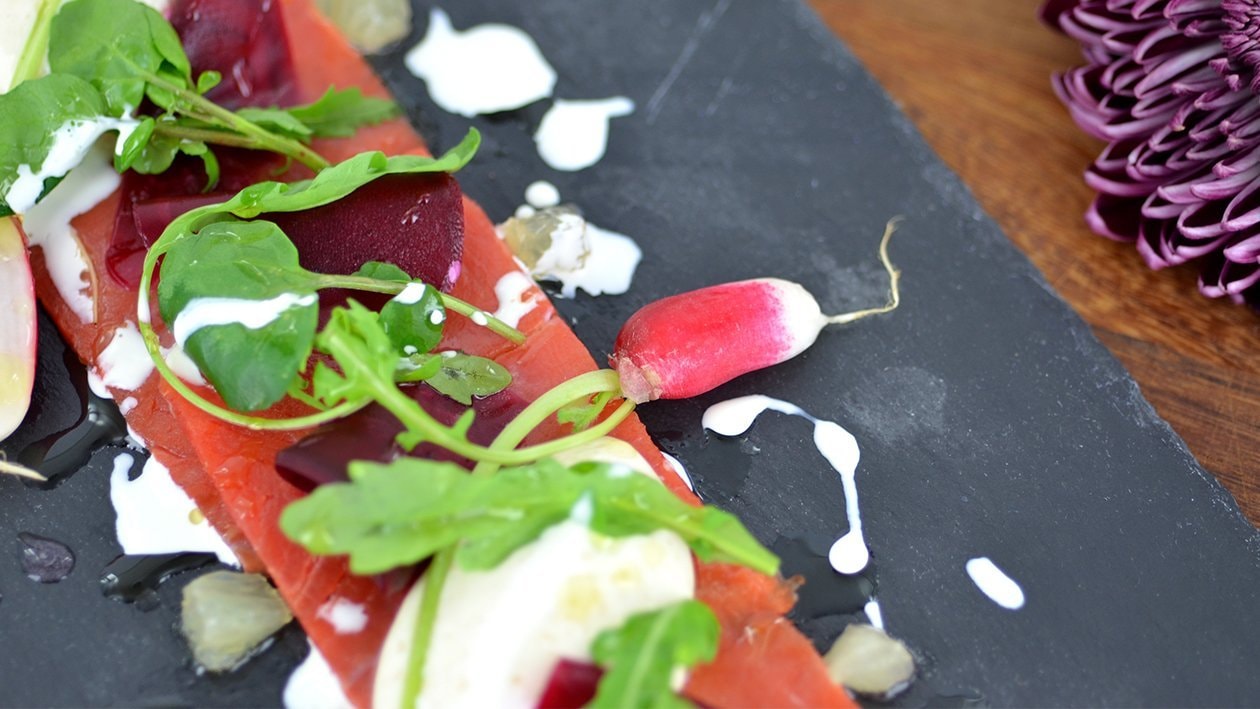 Smoked salmon with pickled beetroot and horseradish panna cotta