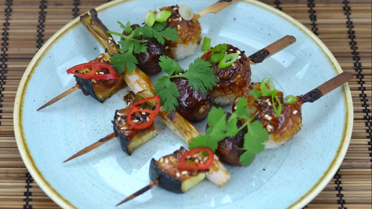 Teriyaki glazed rice & vegetable skewers