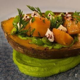 Baked sweet potato, pea and mint puree, carrot cardamon and agave with sumac mayo Baked sweet potato, pea and mint puree, carrot cardamon and agave with sumac mayo