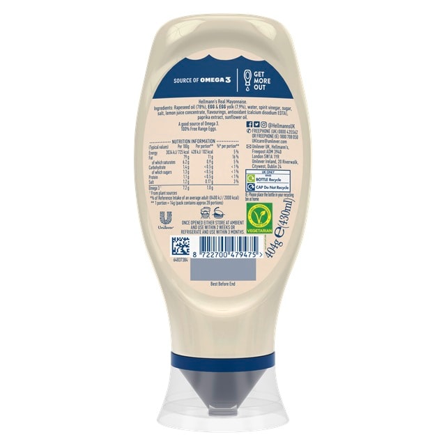 Hellmann's Real Mayonnaise Squeezy 430ml - The Nation's Favourite Mayonnaise* offers the Classic Hellmann's taste, texture and creaminess.