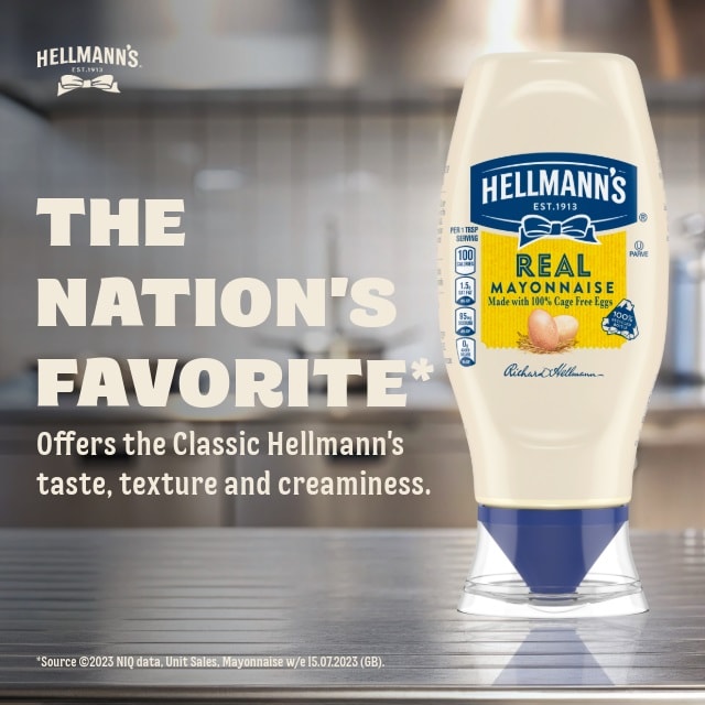 Hellmann's Real Mayonnaise Squeezy 430ml - The Nation's Favourite Mayonnaise* offers the Classic Hellmann's taste, texture and creaminess.