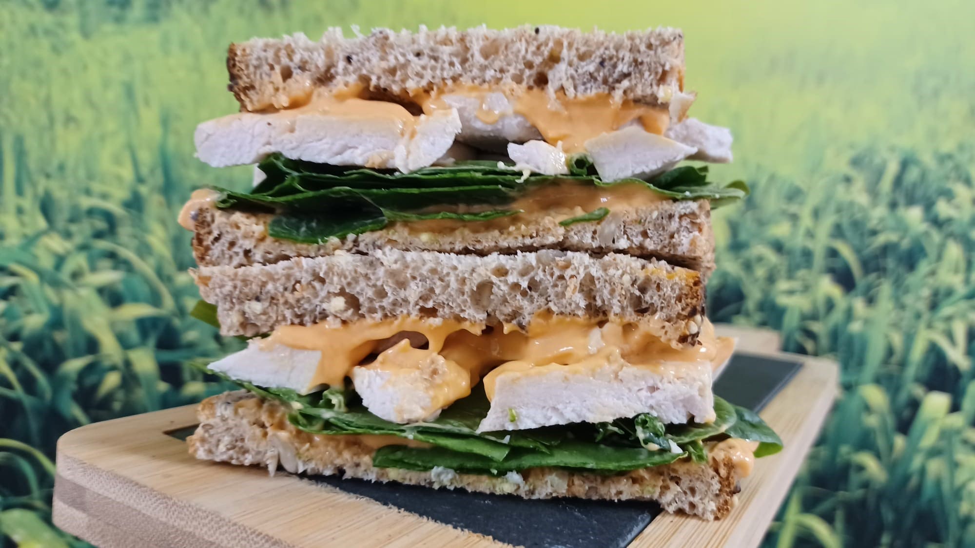 Chicken, Spinach and Hellmann's Taco Sauce Sandwich on Seeded Cob